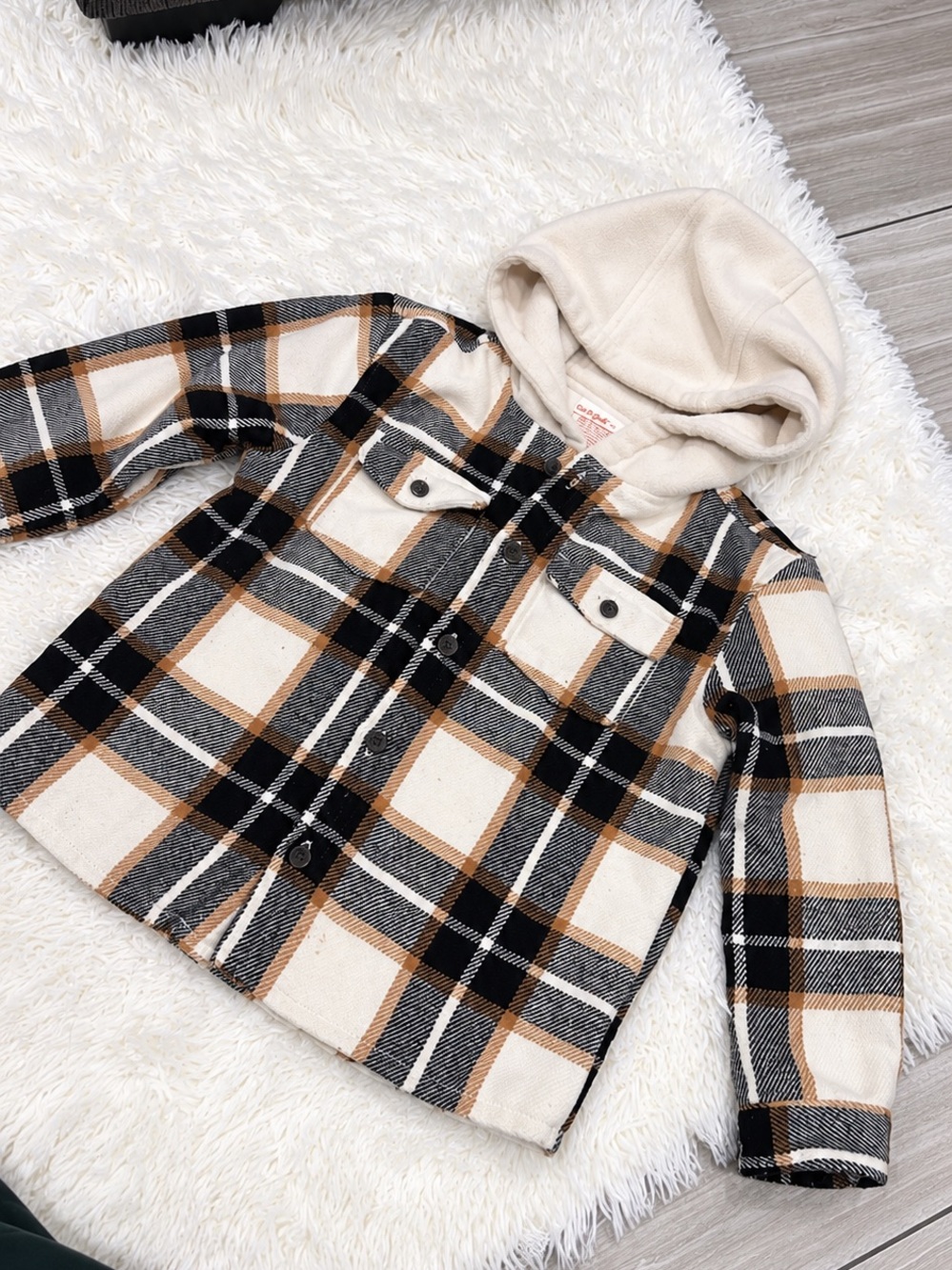 Cat & Jack Cream, Black & Tan Plaid Hooded Button-Down Shirt Jacket